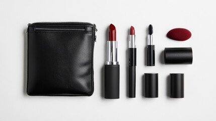 Obraz premium Velvet puff, matte lipstick, and faux leather cosmetic bag composition on clean white