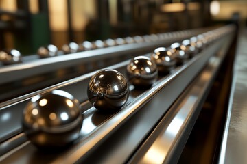 In a factory setting, shiny chrome spheres are transported along a curved conveyor belt