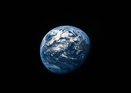 Clear atmospheric view of Earth showcasing vibrant blue oceans with swirling clouds and landmasses from space : Generative AI