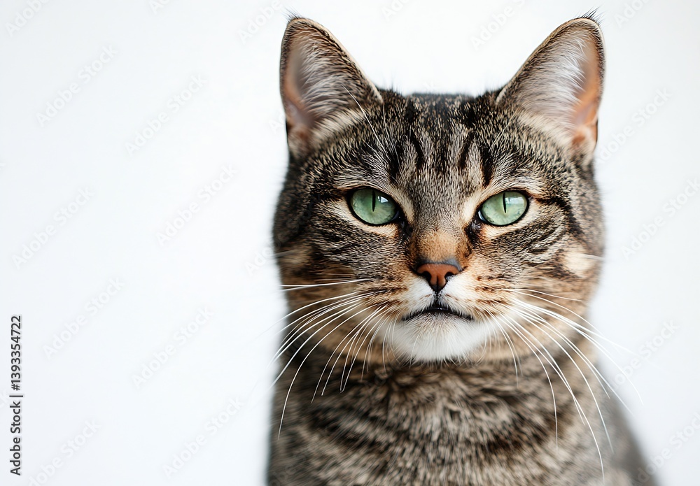 Poster Charming portrait of a serious tabby cat with captivating green eyes against a simple backdrop : Generative AI