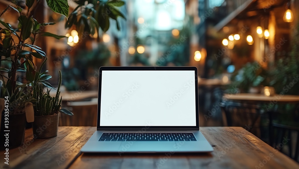 Aufkleber Laptop on Wooden Table in Cozy Cafe Ambiance with Blank Screen Mockup for Business Presentation and Remote Work : Generative AI