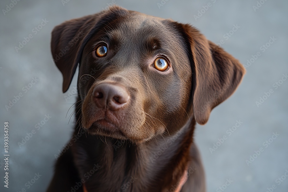 Poster close up portrait of adorable chocolate labrador retriever puppy with expressive brown eyes and soft
