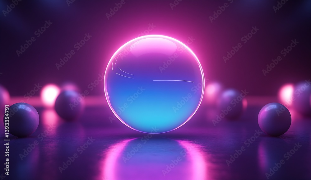 Poster Bright and colorful glowing orb surrounded by reflective spheres creating a mesmerizing visual scene : Generative AI
