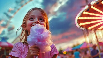 Little girl eats cotton candy appetizingly in amusement park, walk in amusement park in summer, cotton candy