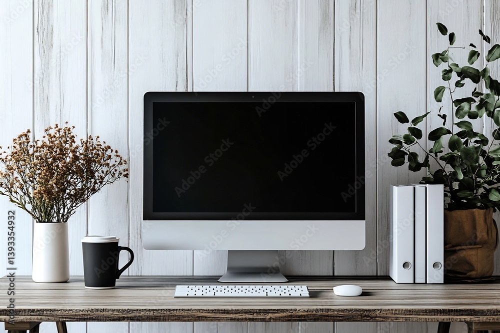 Aufkleber modern workspace setup with desktop computer flowers and green plant on wooden desk against white wo
