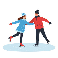 Two joyful skaters in winter attire enjoying ice skating in flat vector art