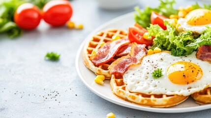 Delicious breakfast plate with waffles, bacon, sausage, corn, and salad for a perfect morning meal