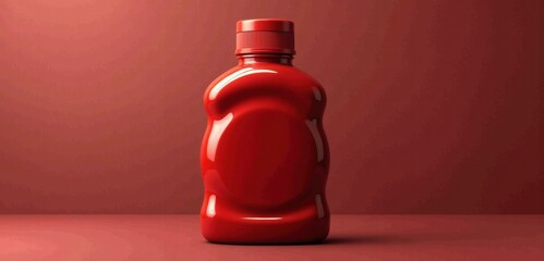 A vibrant ketchup bottle on a red background, perfect for food-related marketing, nutrition blogs, and culinary publications.