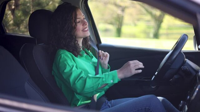 Smiling woman fastening her seatbelt while sitting in a car, road safety concept