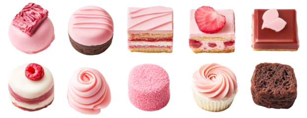 Assorted pink pastry treats, desserts, cakes, cut out transparent