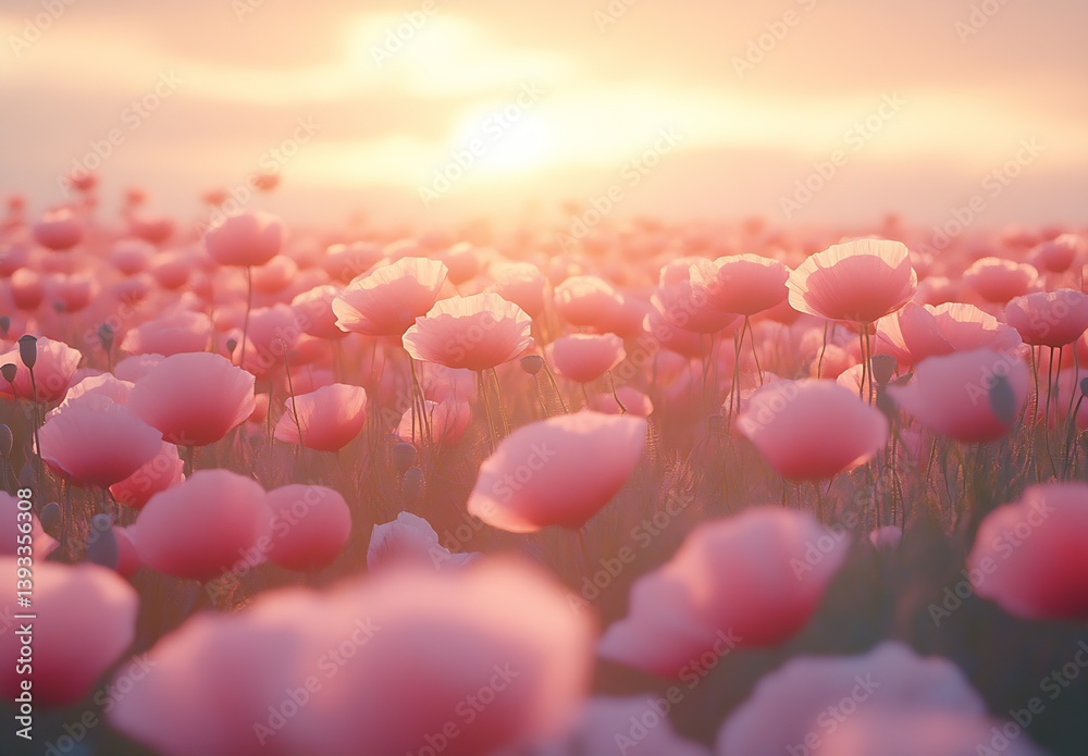 Aufkleber mesmerizing sunset illuminating a beautiful field of pink poppies creating an enchanting atmosphere 