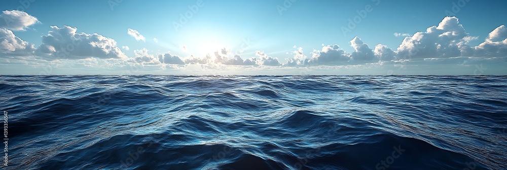 Poster vast ocean view with clear blue sky and sun rays shining through clouds serene seascape background w