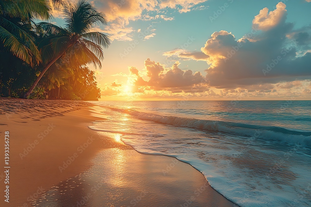 Poster tropical beach paradise at sunset with palm trees and golden light reflecting on sand and ocean wave