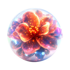 A Digital Flower Made of Radiant Neon Energy Floating in a Glass Ball Isolated on Transparent Background