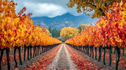 Fototapeta premium Autumn vineyard landscape with colorful leaves