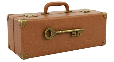 Isolated Antique Brown Leather Suitcase with Skeleton Key