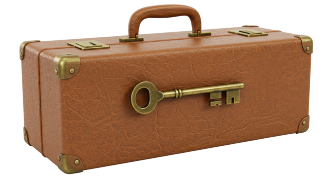 Isolated Antique Brown Leather Suitcase with Skeleton Key