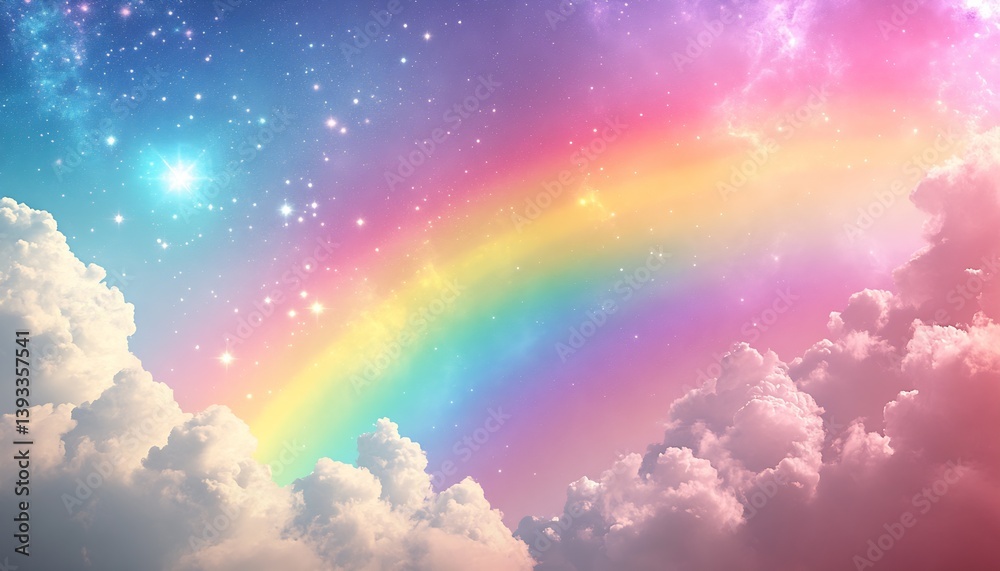 Poster breathtaking scene of a rainbow arching over lush clouds illuminated by a cosmic sky : generative ai