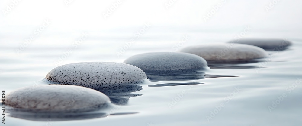 Poster zen stones balanced in calm water representing tranquility balance and mindfulness for wellness conc