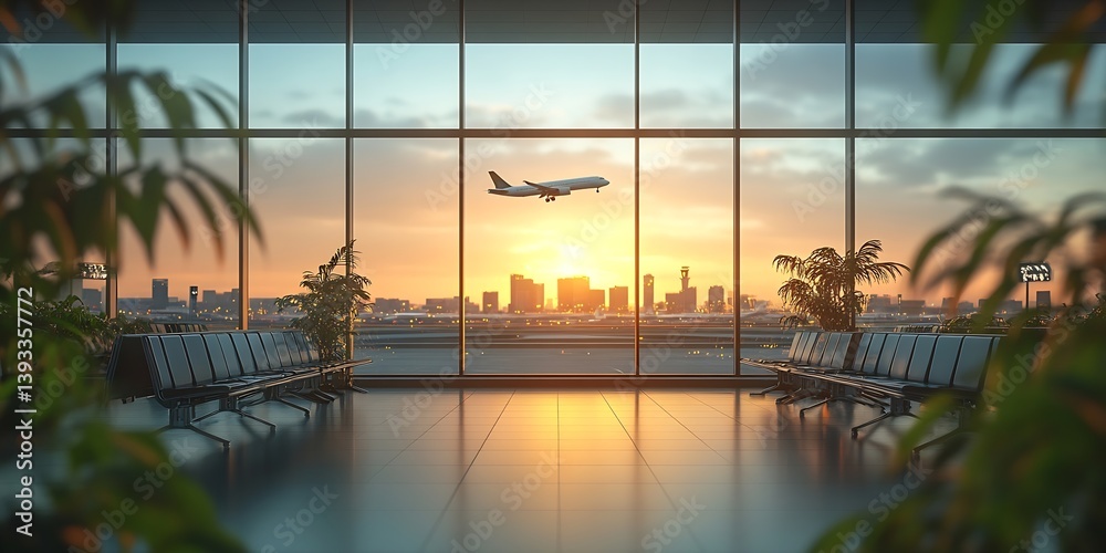Poster airport terminal view of airplane taking off at sunset with city skyline in background and green pla
