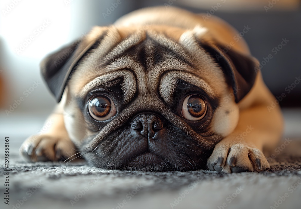 Poster pug dog lying comfortably on a plush rug with a thoughtful expression and curious eyes : generative 
