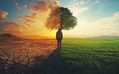 Visually striking image of a person standing between drought and vitality emphasizing the duality of nature : Generative AI