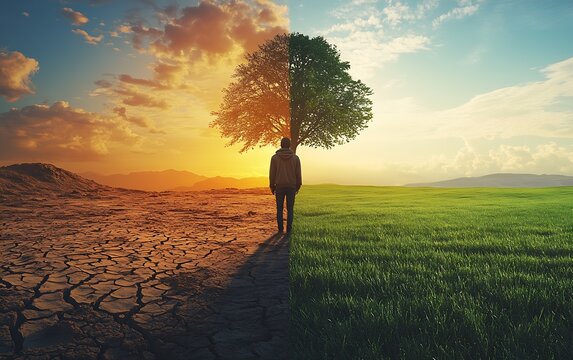 Visually striking image of a person standing between drought and vitality emphasizing the duality of nature : Generative AI