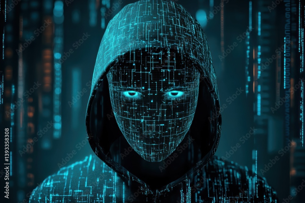 Poster hacker protects personal data with advanced cyber security measures in a digital environment