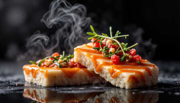 Delicious bki with sauce and herbs on dark background, haute cuisine