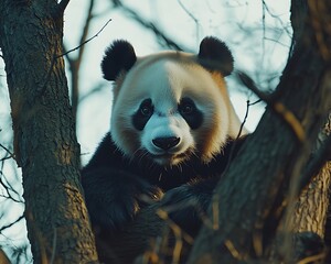 Obraz premium A beautiful giant panda bear looks directly at the viewer