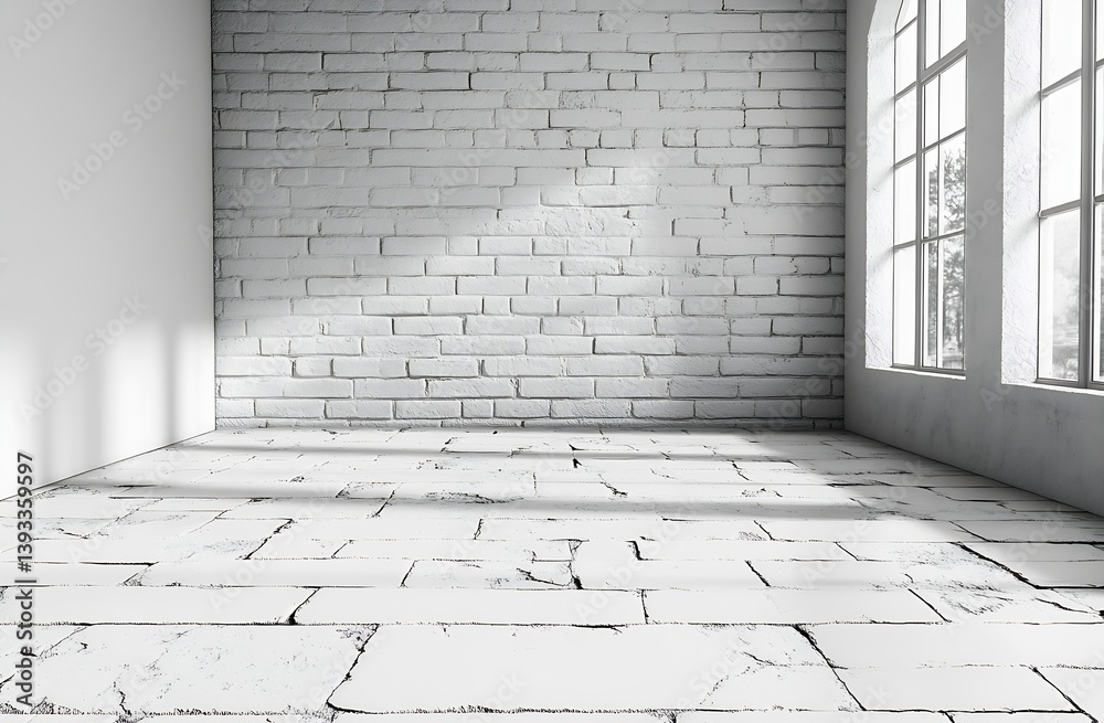 Poster white brick wall room with window light modern interior design architecture and minimalist style cop