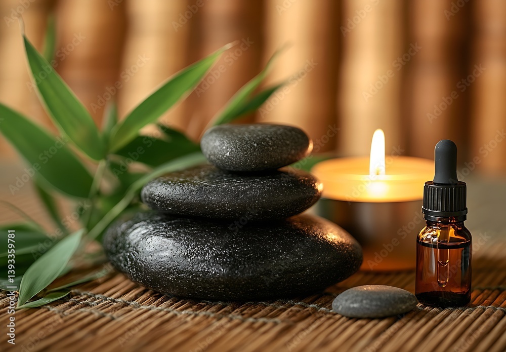Poster soothing arrangement with smooth stones essential oil and candle creating a tranquil spa vibe : gene