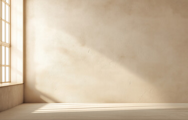 Light beige background with soft window shadows and gentle sunlight for an elegant, minimalist setting