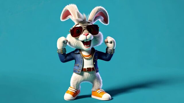 Energetic rabbit character dancing with style in a vibrant blue setting, showcasing unique fashion and playful expressions Generative AI