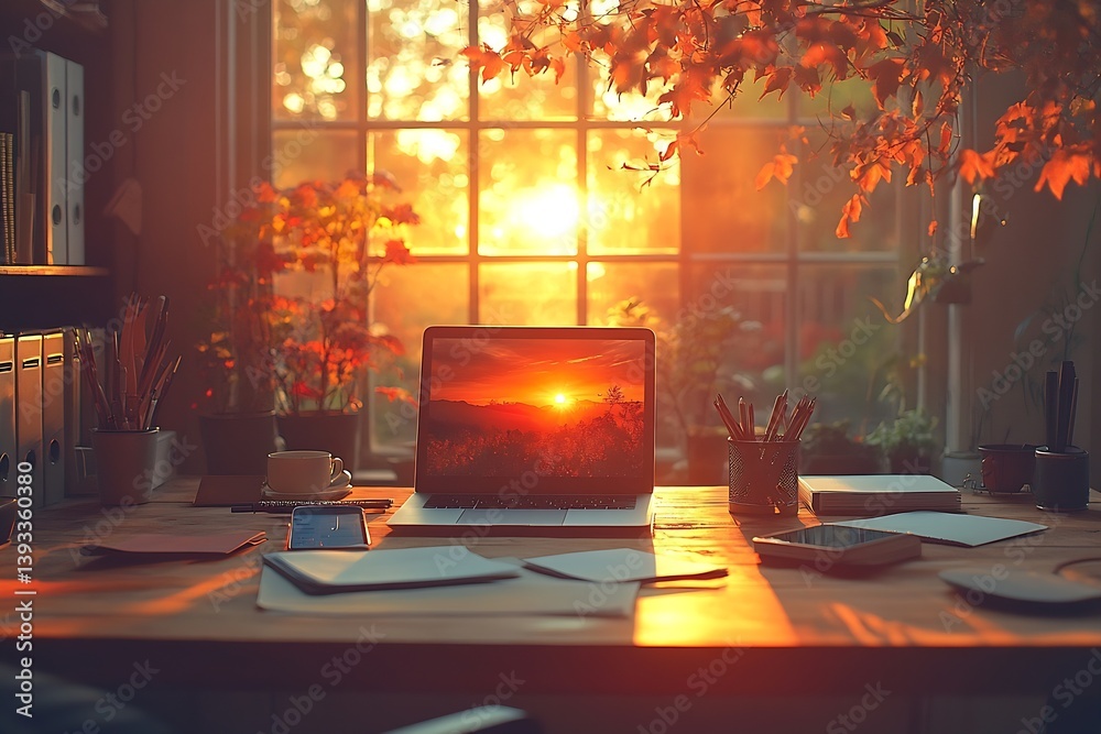 Poster cozy home office setup at sunset with laptop displaying nature scene warm golden light streaming thr