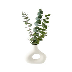 Natural blue green eucalyptus plant twigs in vintage white donut vase isolated on white background. © BarTa