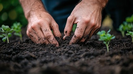 Hands planting seedlings in dark soil, surrounded by green plants outside