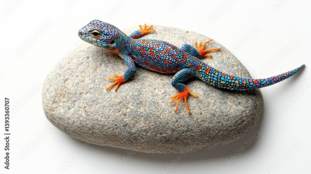 Fototapete Colorful lizard resting on textured rock with white background and drop shadow, showcasing vibrant patterns and details in serene setting
