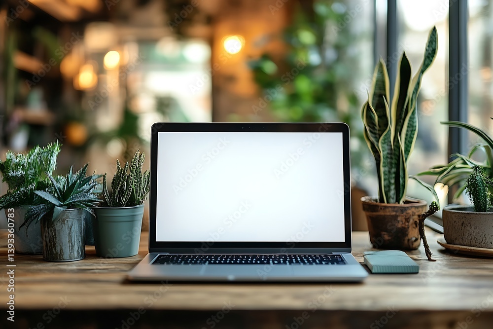 Poster laptop mockup on wooden desk surrounded by plants cozy workspace for remote work or online learning 
