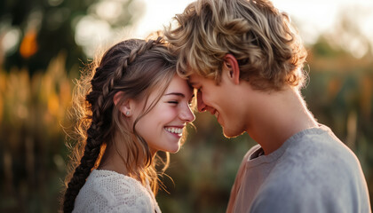 Fototapeta premium A young couple in love, tenderly touching each other, shows sincere emotions and connection