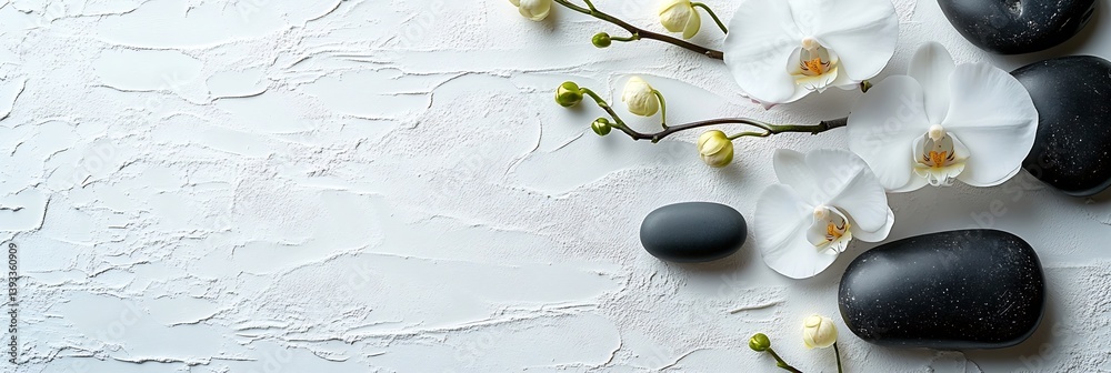 Aufkleber elegant spa still life with white orchids and smooth black stones on textured white background : gen