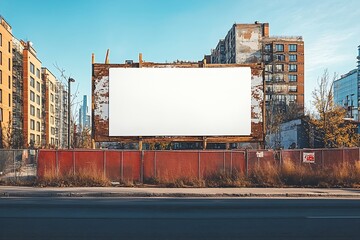 Obraz premium Urban Billboard Mockup Against Distressed Buildings Ideal for Advertising and City Branding : Generative AI