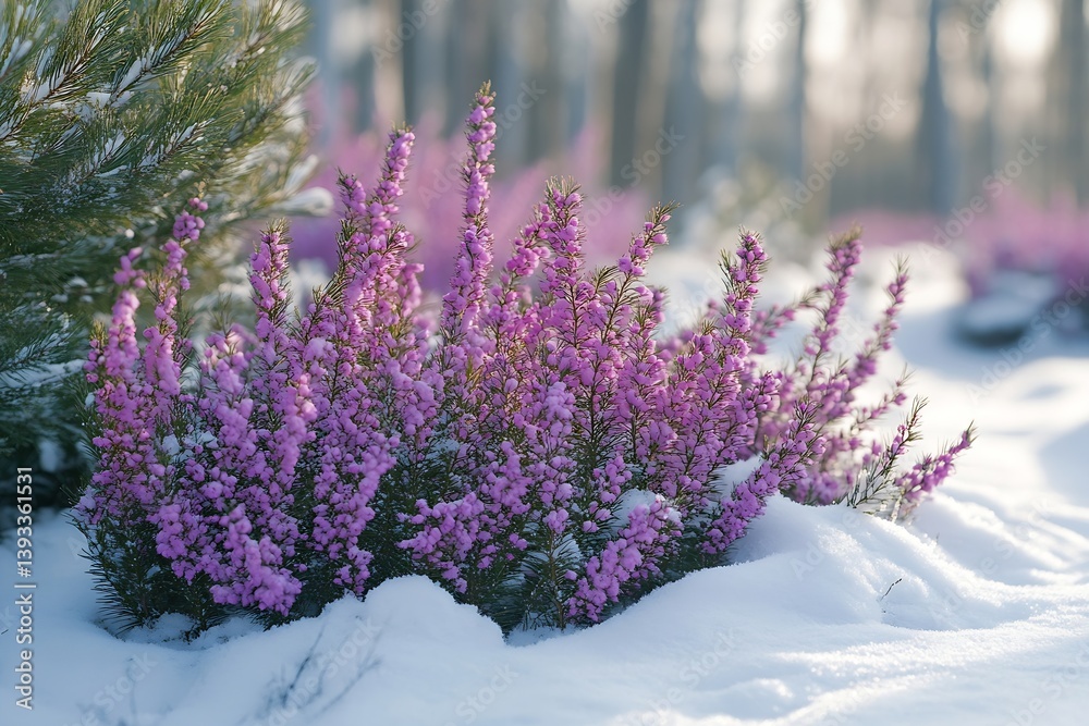 Poster winter scene featuring vibrant purple heather flowers poking through fresh snow creating a beautiful