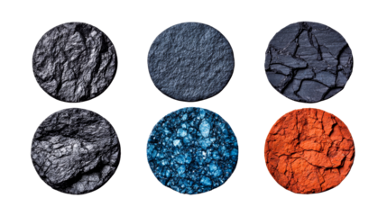 Assorted stones circle arrangements, textures on a black background, cut out transparent