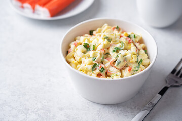 Imitatiom crab meat mayonnaise salad in a bowl