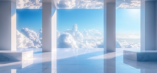 Modern interior featuring large windows with a breathtaking view of clouds floating in a blue sky : Generative AI
