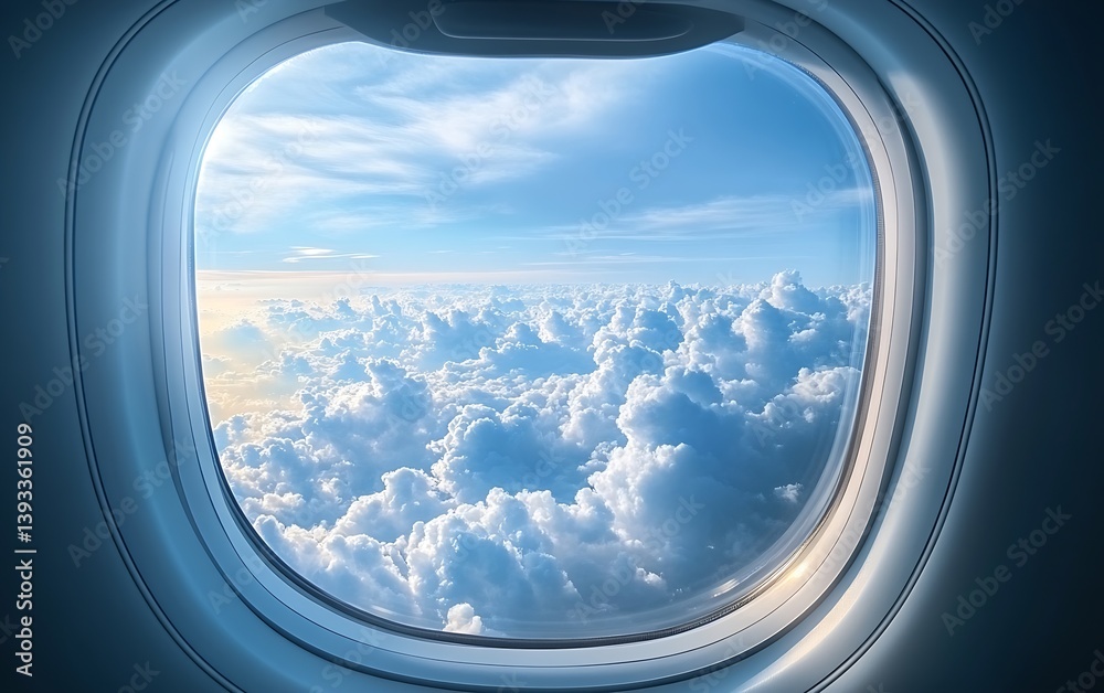 Poster breathtaking aerial view of clouds from airplane window sky high adventure and travel destination dr