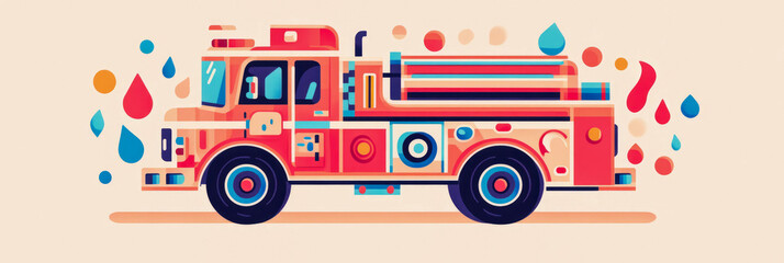 Obraz premium Emergency service, illustration: A bold, stylized fire engine with geometric water drops for educational children's materials
