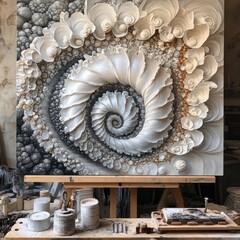Obraz premium Intricate spiral design, layered in off-white and beige, resembling seashells or fractals. A 3D effect is created with raised texture and intricate detail
