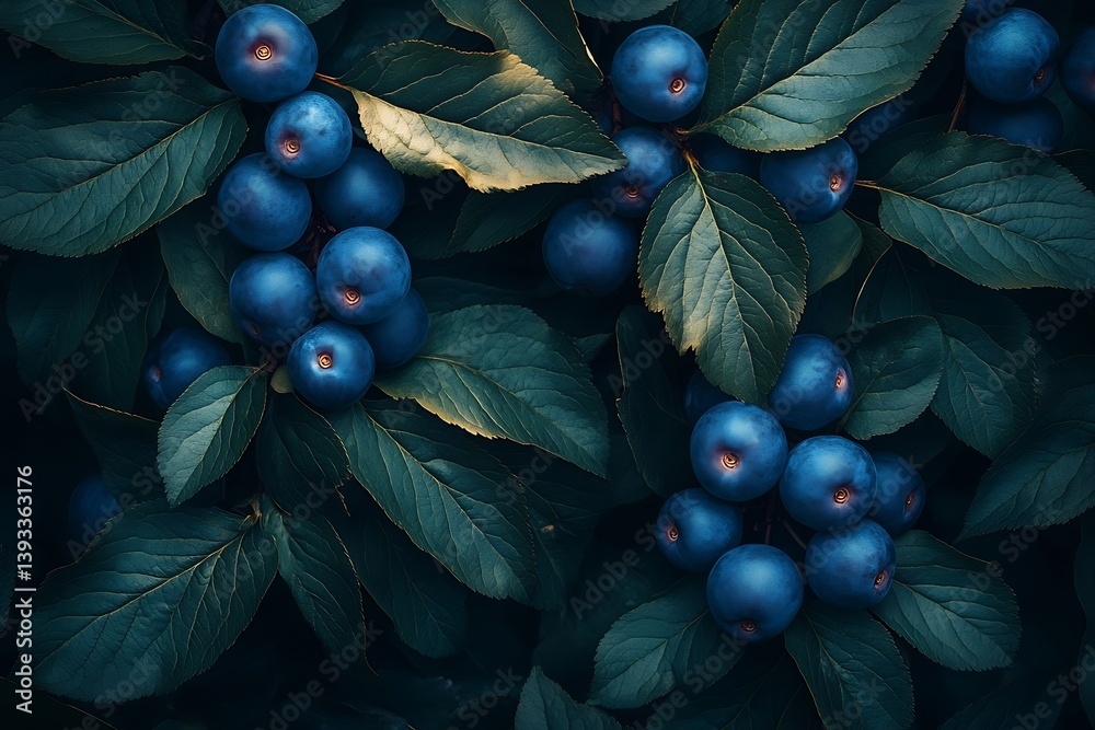 Poster clusters of blueberries with green leaves in a lush natural setting perfect for healthy food concept